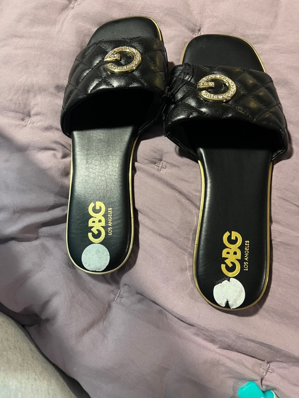 GBG Los Angeles Black Quilted Slide Sandals with Gold Accent